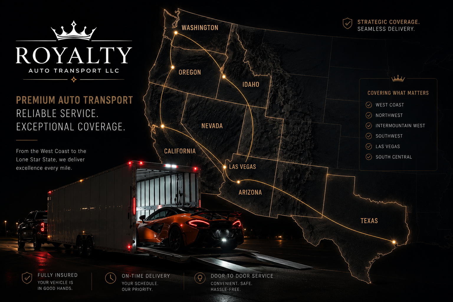Royalty Auto Transport coverage map showing Washington, Oregon, Idaho, California, Nevada, Arizona, and Texas